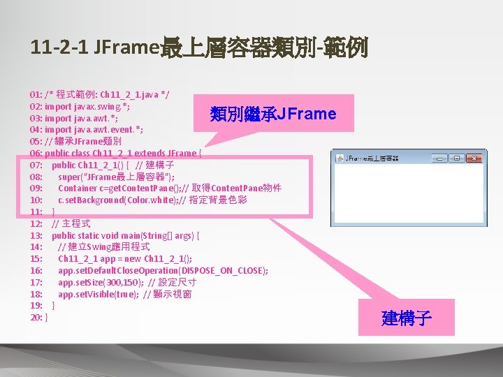 11 -2 -1 JFrame最上層容器類別-範例 01: /* 程式範例: Ch 11_2_1. java */ 02: import javax.