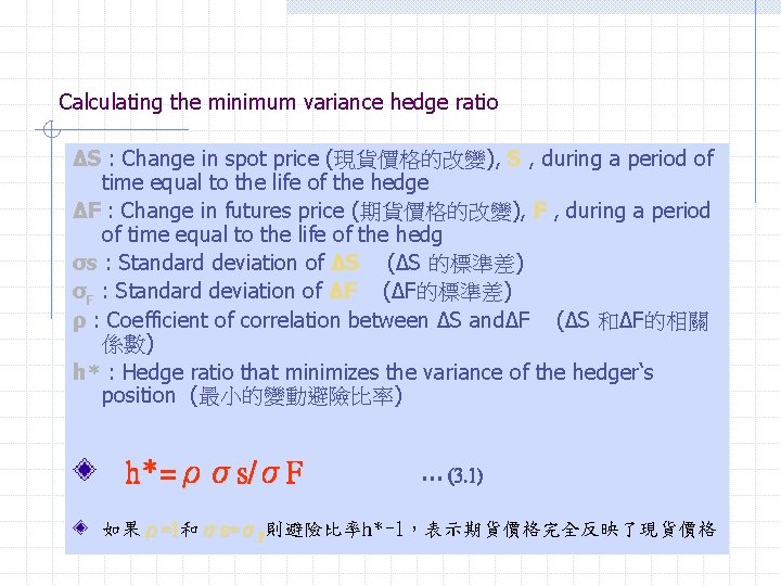 Calculating the minimum variance hedge ratio ΔS : Change in spot price (現貨價格的改變), S