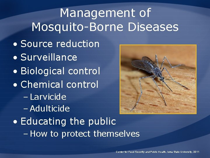 Management of Mosquito-Borne Diseases • Source reduction • Surveillance • Biological control • Chemical