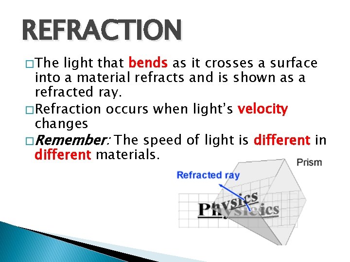 REFRACTION � The light that bends as it crosses a surface into a material