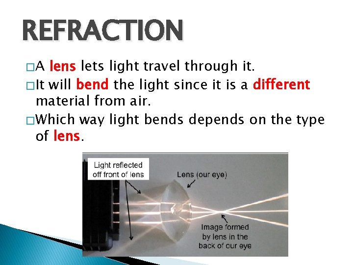 REFRACTION �A lens lets light travel through it. � It will bend the light