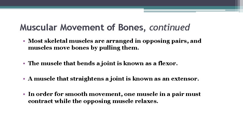 Muscular Movement of Bones, continued • Most skeletal muscles are arranged in opposing pairs,