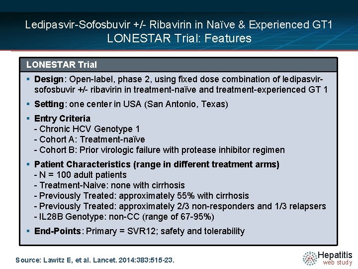 Ledipasvir-Sofosbuvir +/- Ribavirin in Naïve & Experienced GT 1 LONESTAR Trial: Features LONESTAR Trial