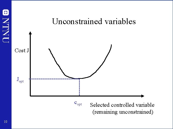 Unconstrained variables Cost J Jopt copt 10 Selected controlled variable (remaining unconstrained) 