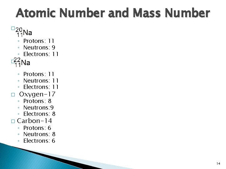 Atomic Number and Mass Number � ◦ Protons: 11 ◦ Neutrons: 9 ◦ Electrons: