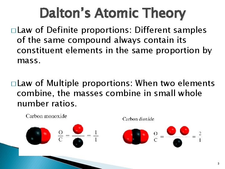 � Law Dalton’s Atomic Theory of Definite proportions: Different samples of the same compound