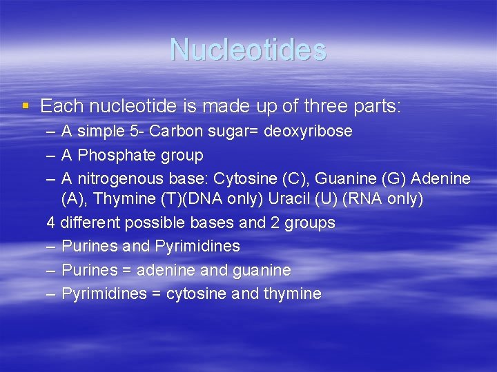 Nucleotides § Each nucleotide is made up of three parts: – – – A