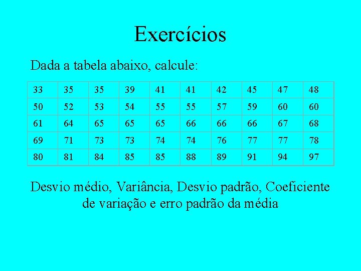 Exercícios Dada a tabela abaixo, calcule: 33 35 35 39 41 41 42 45