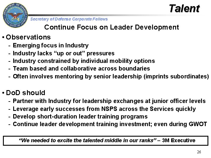 Talent Secretary of Defense Corporate Fellows Continue Focus on Leader Development • Observations -