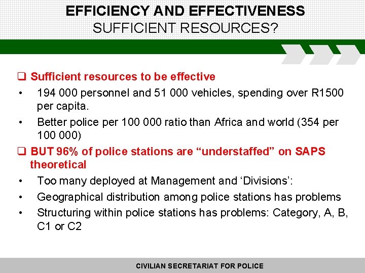 EFFICIENCY AND EFFECTIVENESS SUFFICIENT RESOURCES? q Sufficient resources to be effective • 194 000