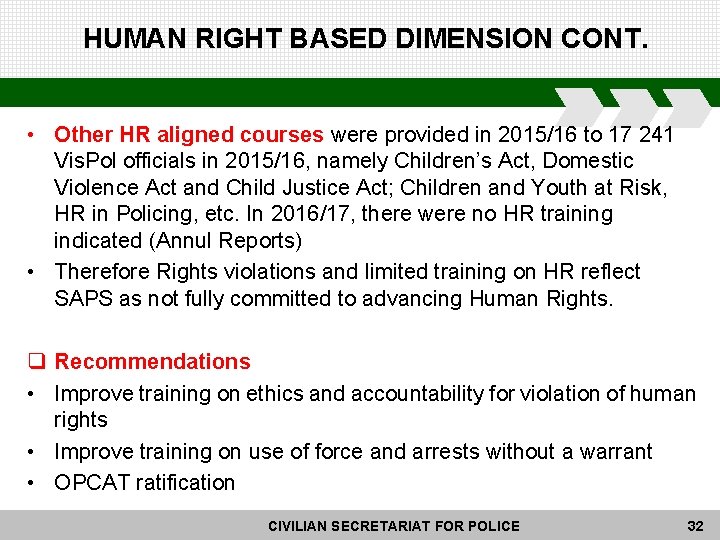 HUMAN RIGHT BASED DIMENSION CONT. • Other HR aligned courses were provided in 2015/16