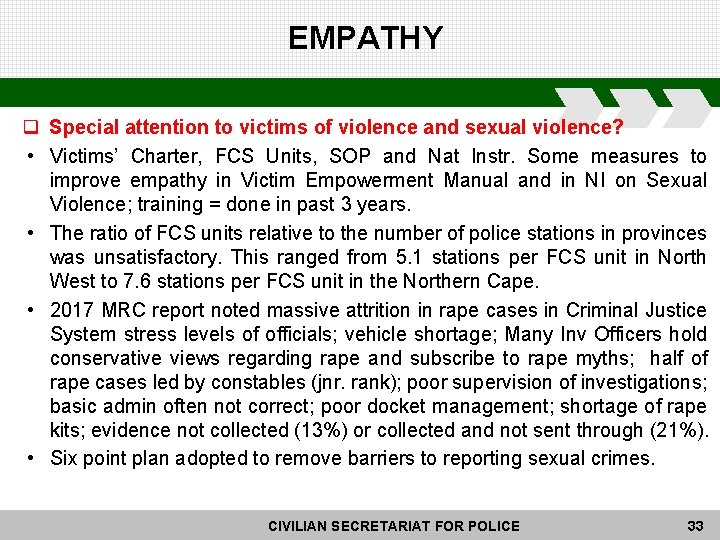 EMPATHY q Special attention to victims of violence and sexual violence? • Victims’ Charter,