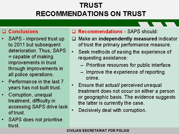 TRUST RECOMMENDATIONS ON TRUST q Conclusions • SAPS - improved trust up to 2011