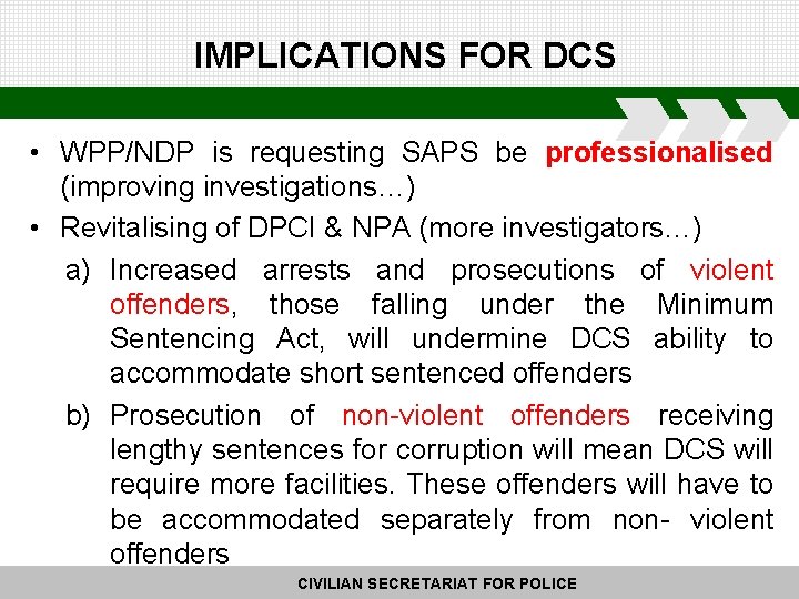 IMPLICATIONS FOR DCS • WPP/NDP is requesting SAPS be professionalised (improving investigations…) • Revitalising