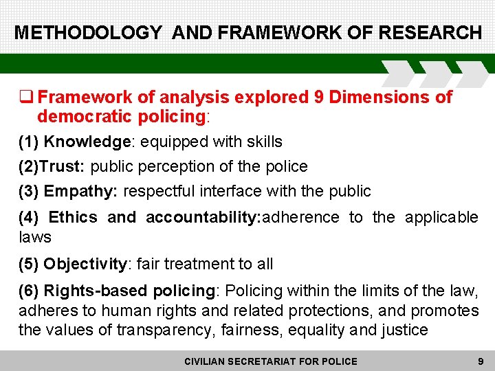 METHODOLOGY AND FRAMEWORK OF RESEARCH q Framework of analysis explored 9 Dimensions of democratic