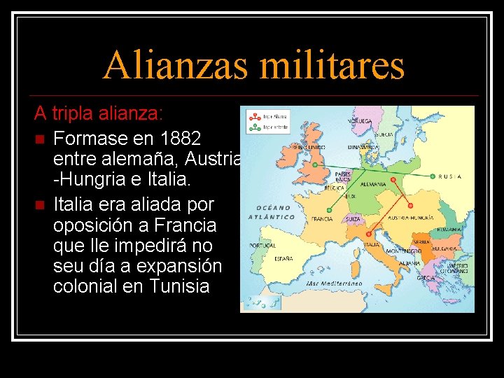 Alianzas militares A tripla alianza: Formase en 1882 entre alemaña, Austria -Hungria e Italia