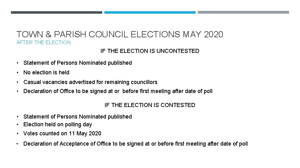 TOWN & PARISH COUNCIL ELECTIONS MAY 2020 AFTER THE ELECTION IF THE ELECTION IS
