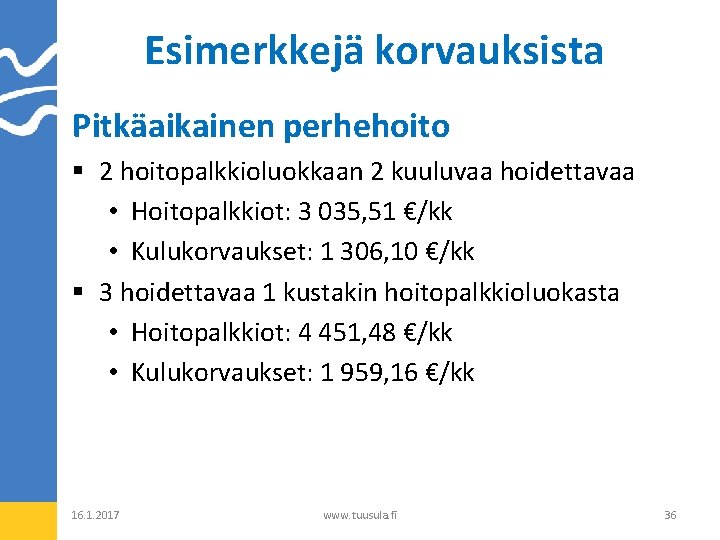 Esimerkkejä korvauksista Pitkäaikainen perhehoito § 2 hoitopalkkioluokkaan 2 kuuluvaa hoidettavaa • Hoitopalkkiot: 3 035,