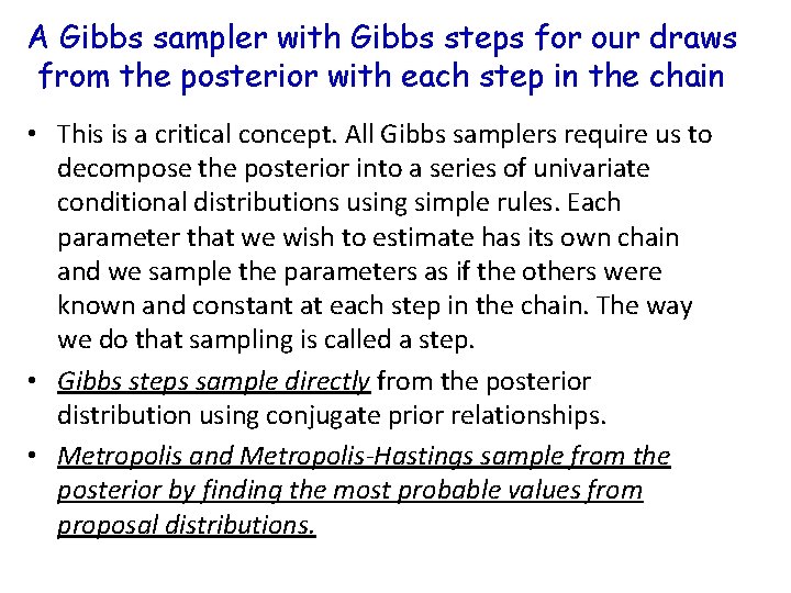 A Gibbs sampler with Gibbs steps for our draws from the posterior with each