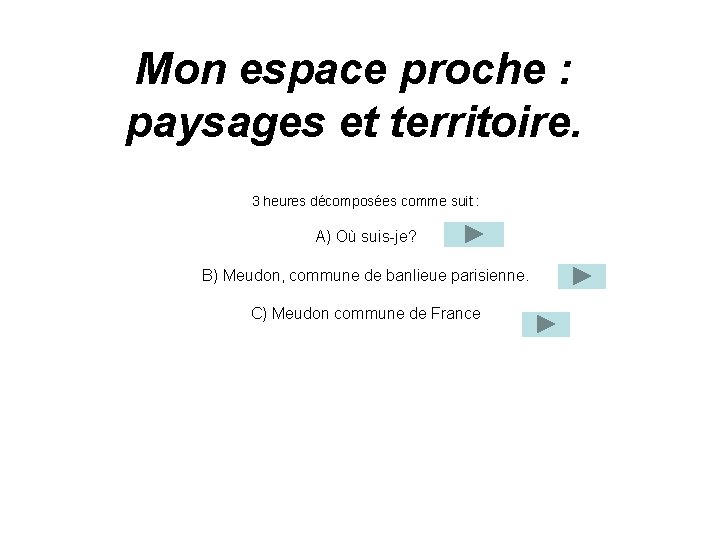 Mon espace proche : paysages et territoire. 3 heures décomposées comme suit : A)