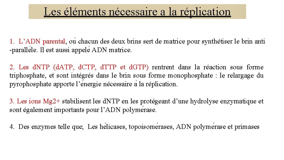 Les éléments nécessaire a la réplication 1. L’ADN parental, ou chacun des deux brins