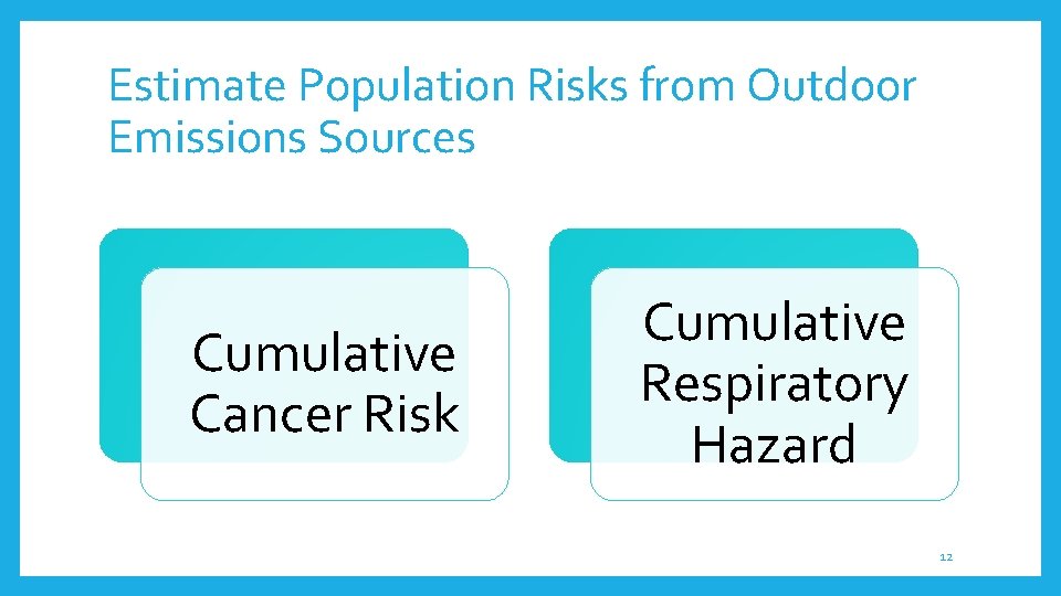 Estimate Population Risks from Outdoor Emissions Sources Cumulative Cancer Risk Cumulative Respiratory Hazard 12