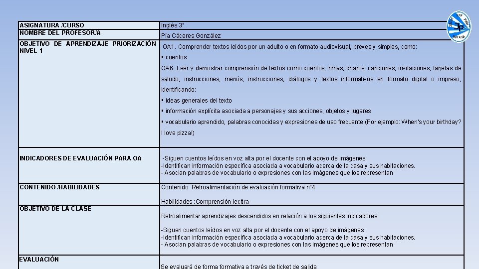 ASIGNATURA /CURSO NOMBRE DEL PROFESOR/A Inglés 3° OBJETIVO DE APRENDIZAJE PRIORIZACIÓN NIVEL 1 OA