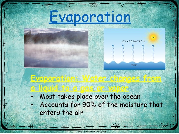 Evaporation: Water changes from a liquid to a gas or vapor • Most takes
