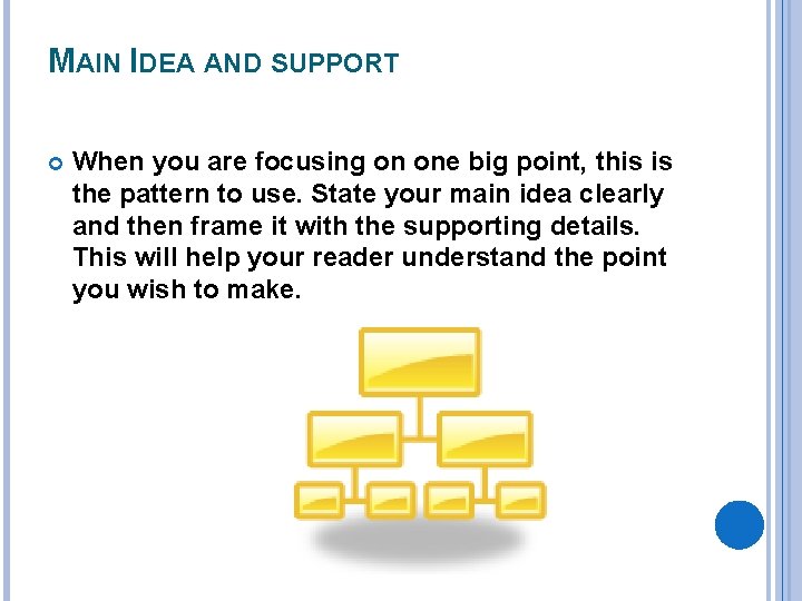 MAIN IDEA AND SUPPORT When you are focusing on one big point, this is