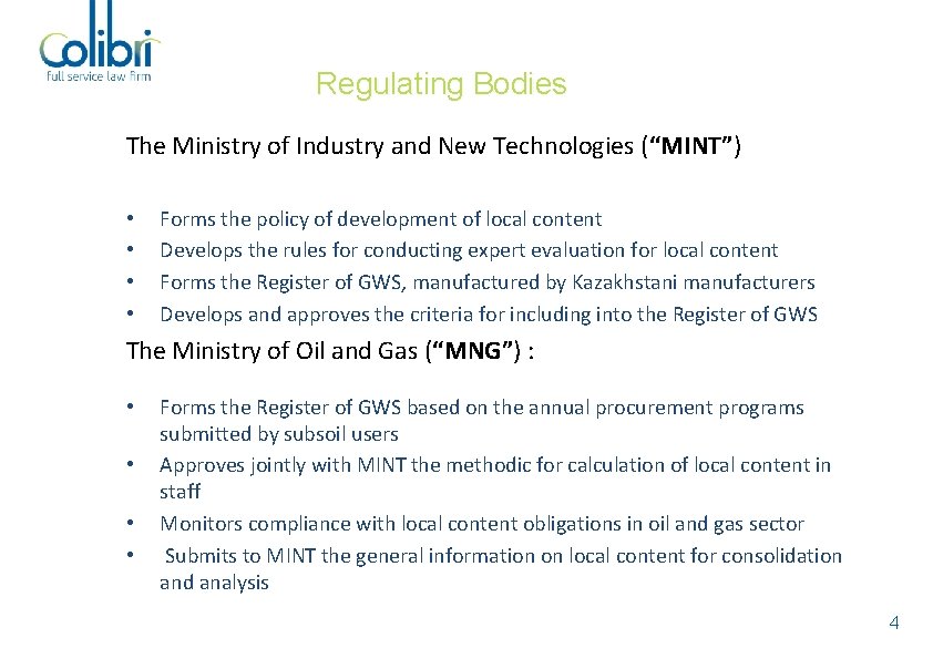 Regulating Bodies The Ministry of Industry and New Technologies (“MINT”) • • Forms the