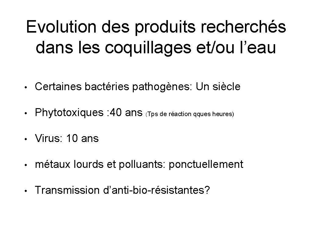 Evolution des produits recherchés dans les coquillages et/ou l’eau • Certaines bactéries pathogènes: Un