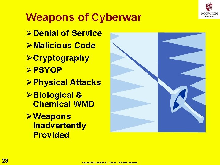 Weapons of Cyberwar ØDenial of Service ØMalicious Code ØCryptography ØPSYOP ØPhysical Attacks ØBiological &