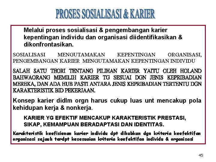 Melalui proses sosialisasi & pengembangan karier kepentingan individu dan organisasi diidentifikasikan & dikonfrontasikan. SOSIALISASI