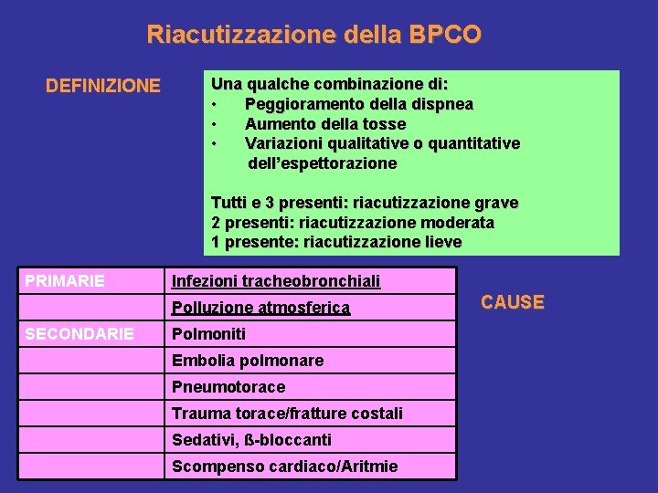 Riacutizzazione della BPCO DEFINIZIONE Una qualche combinazione di: • Peggioramento della dispnea • Aumento