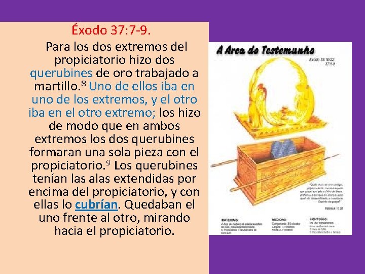 Éxodo 37: 7 -9. Para los dos extremos del propiciatorio hizo dos querubines de