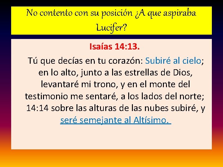 No contento con su posición ¿A que aspiraba Lucifer? Isaías 14: 13. Tú que