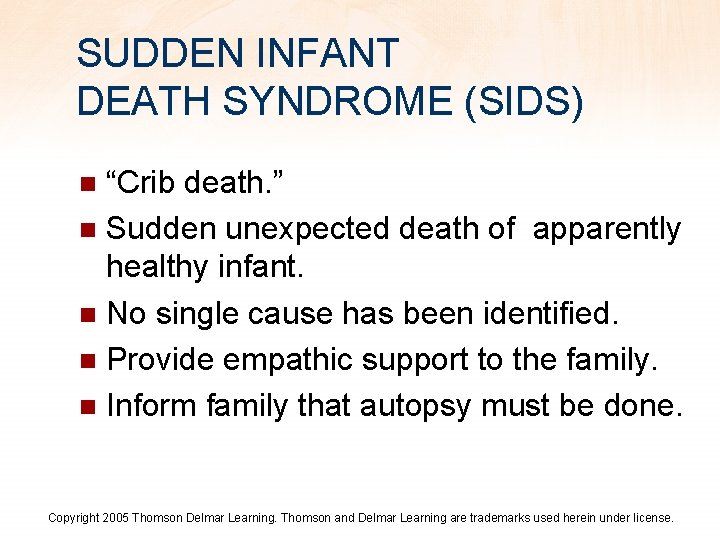 SUDDEN INFANT DEATH SYNDROME (SIDS) “Crib death. ” n Sudden unexpected death of apparently