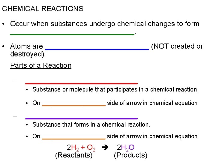 CHEMICAL REACTIONS • Occur when substances undergo chemical changes to form ________________. • Atoms