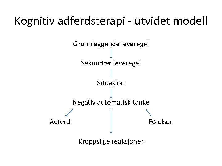 Kognitiv adferdsterapi - utvidet modell Grunnleggende leveregel Sekundær leveregel Situasjon Negativ automatisk tanke Adferd