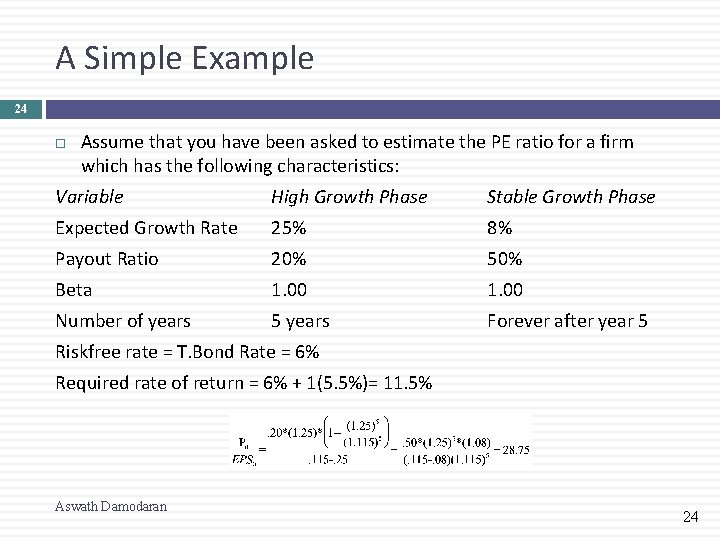 A Simple Example 24 Assume that you have been asked to estimate the PE