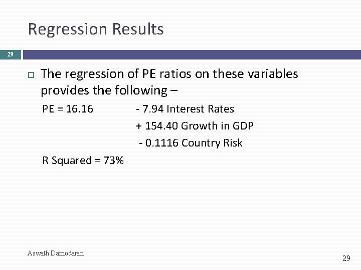 Regression Results 29 The regression of PE ratios on these variables provides the following