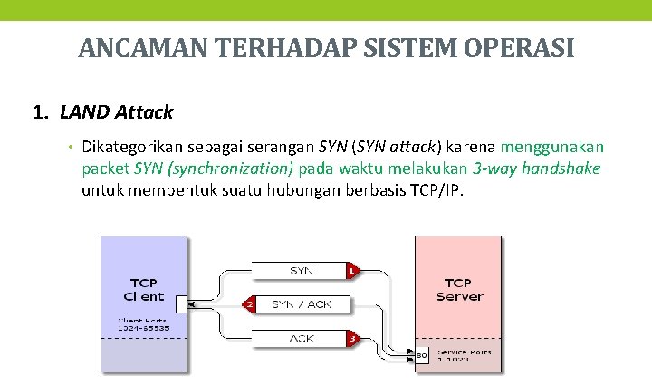 ANCAMAN TERHADAP SISTEM OPERASI 1. LAND Attack • Dikategorikan sebagai serangan SYN (SYN attack)