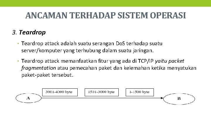 ANCAMAN TERHADAP SISTEM OPERASI 3. Teardrop • Teardrop attack adalah suatu serangan Do. S
