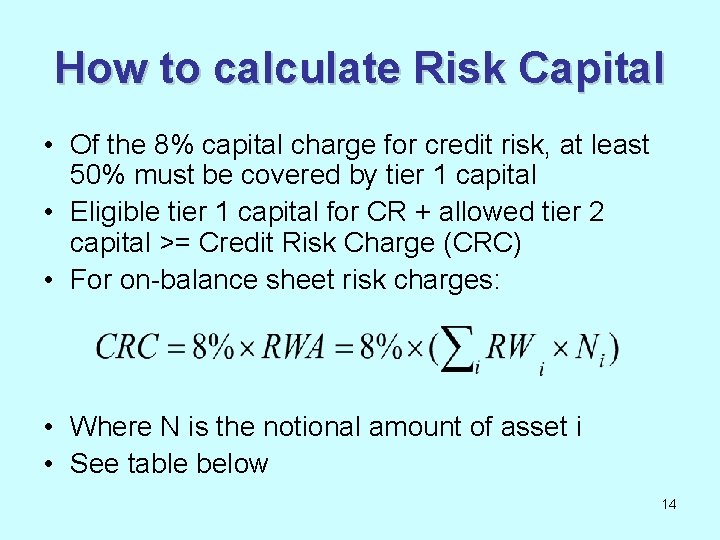 How to calculate Risk Capital • Of the 8% capital charge for credit risk,