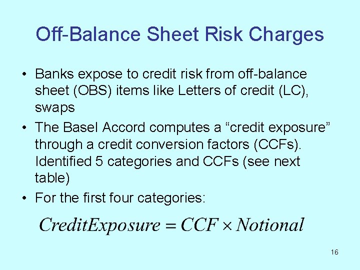 Off-Balance Sheet Risk Charges • Banks expose to credit risk from off-balance sheet (OBS)