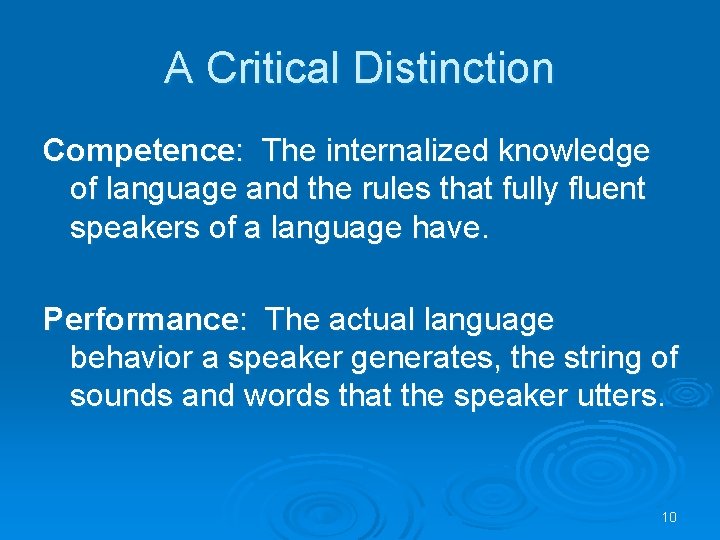 A Critical Distinction Competence: The internalized knowledge of language and the rules that fully