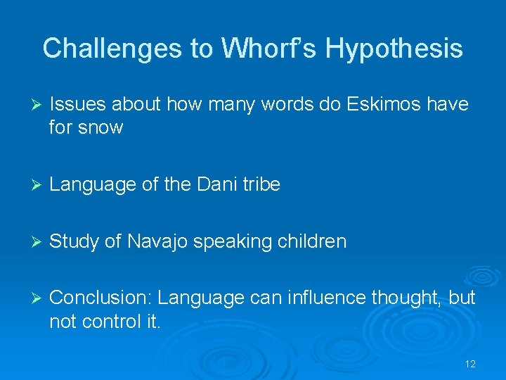 Challenges to Whorf’s Hypothesis Ø Issues about how many words do Eskimos have for