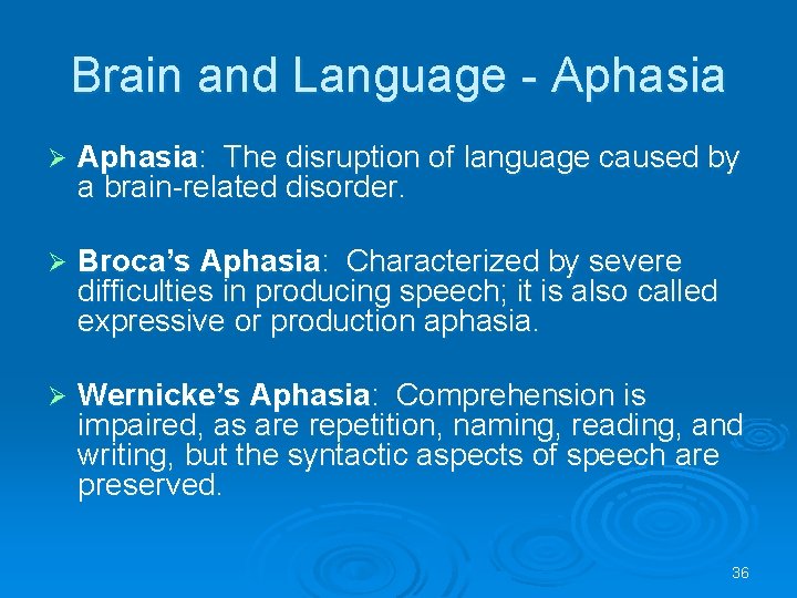 Brain and Language - Aphasia Ø Aphasia: The disruption of language caused by a