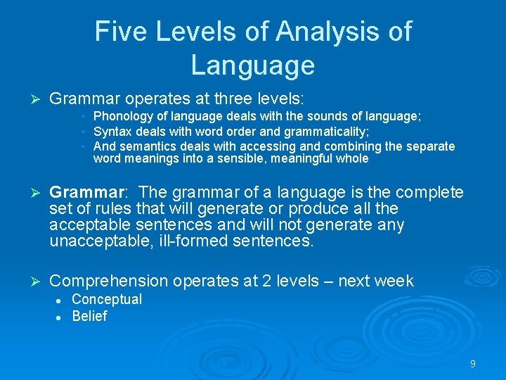 Five Levels of Analysis of Language Ø Grammar operates at three levels: • Phonology