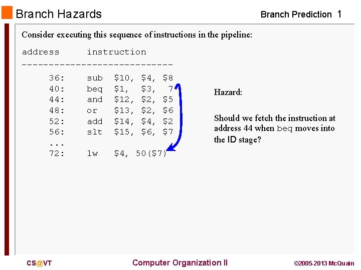 Branch Hazards Branch Prediction 1 Consider executing this sequence of instructions in the pipeline: